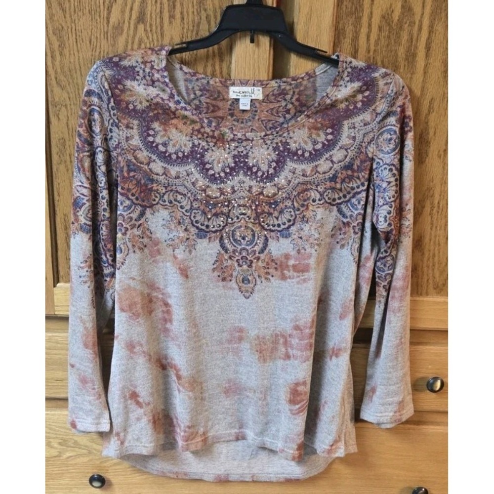 One World Women Multicolor Floral Long Sleeve Blouse Rhinestones Size XL Stylish